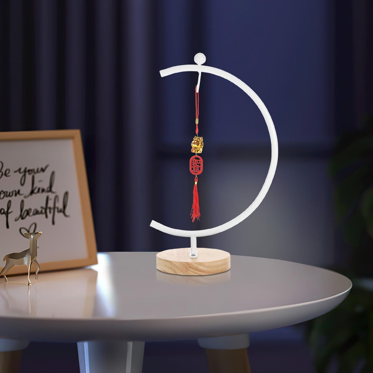 Toyvian G-shaped Hanging Globe Holder with Wooden Base, Metal Terrarium Display Stand for 12-20cm Diameter Glass Ornaments, Indoor Home Decoration Hook Rack for Air Plants and Hanging