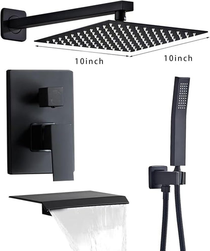 Matte Black Shower Faucet Set with Tub Spout 10 Inch, Shower Head and Handle with 2 Hooks, Tub and Shower Faucet Combo, Rain Shower and Handheld Shower System Square Wall Mount for Bathroom