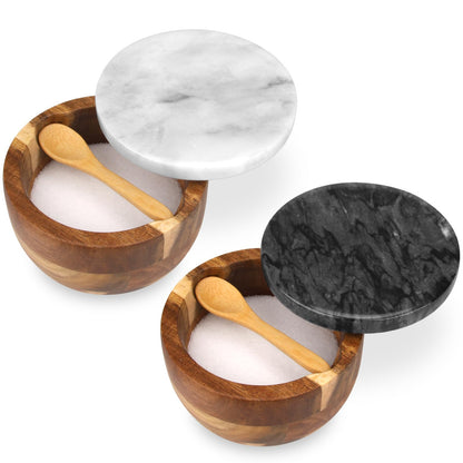 HESHIBI Salt Cellar Box with Lid & Spoon, Modern White Stone Salt or Pepper Sugar Spice Seasoning Bowl Container Jar Holder Well Keeper Dish Pig Crock for Kitchen (Marble Lid Set)
