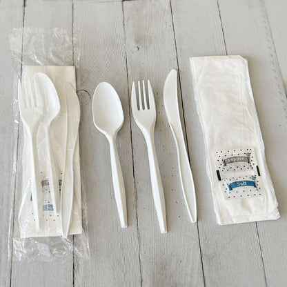 Boardwalk Three-Piece Disposable Cutlery Kit, 250 Count, Fork/Knife/Spoon/Napkin, Salt & Pepper, Medium Weight, Plastic, White, Individually Wrapped