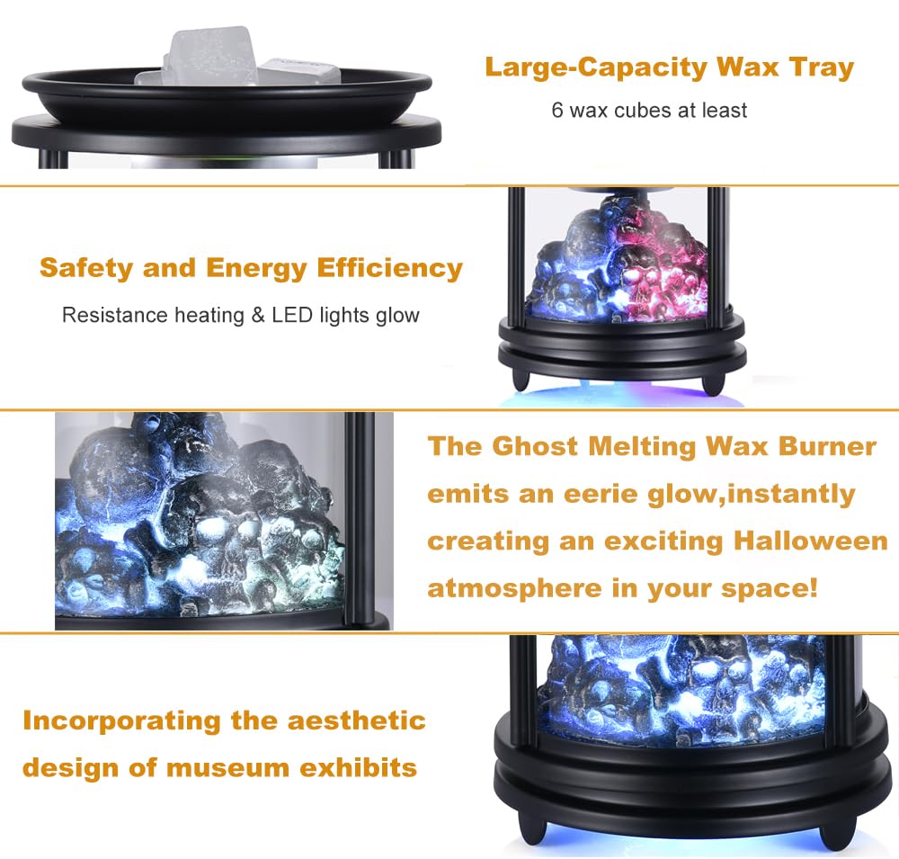 Dicimi Halloween Wax Warmer - Skull Wax Melter for Scented Wax Cubes & Essential Oils, 4-in-1 Electric Warmer with Hot Plate, Spooky Ghost Decor Gift