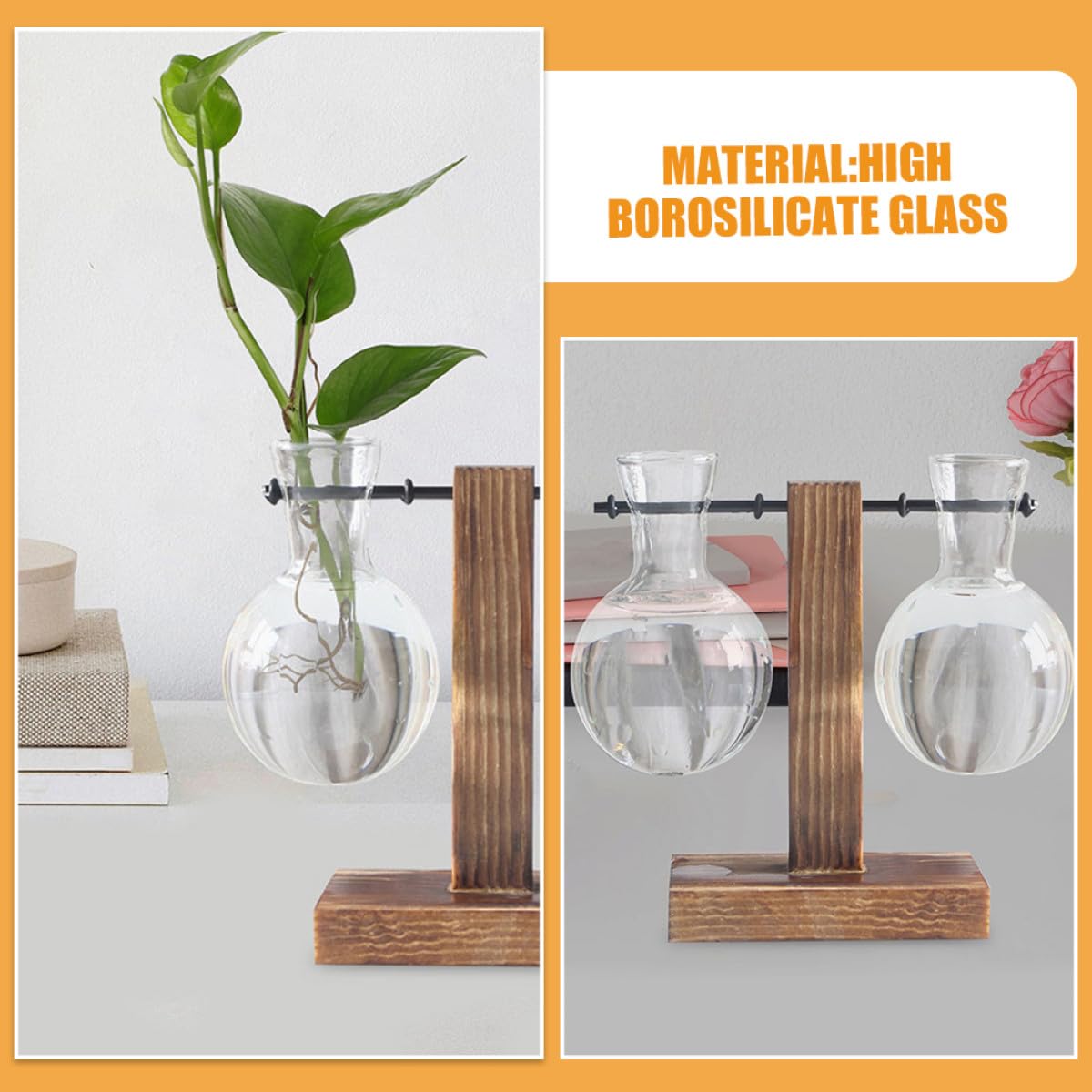 HIAKDOFT 3Pcs Glass Propagation Planter Vase with Wooden Stand, High Borosilicate Plant Terrarium Jars for Hydroponic Plant Propagation and Indoor Desktop Gardening