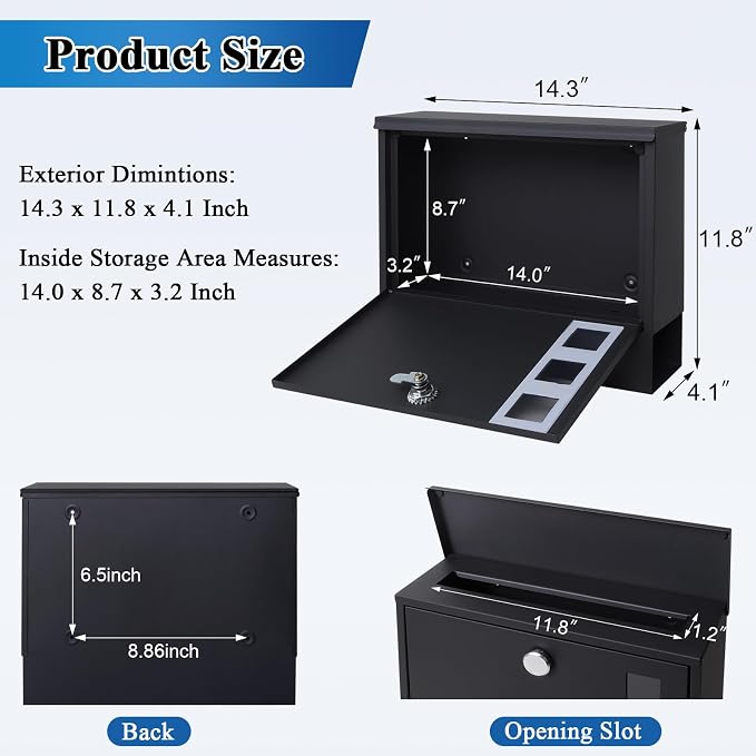 Locking Mailbox Wall Mount for Outside– Jssmst Mailboxes with Number and Key Lock for Front Door Fence, Large Capacity Letter Box, 14.3 x 4.1 x 11.8 Inch, Black
