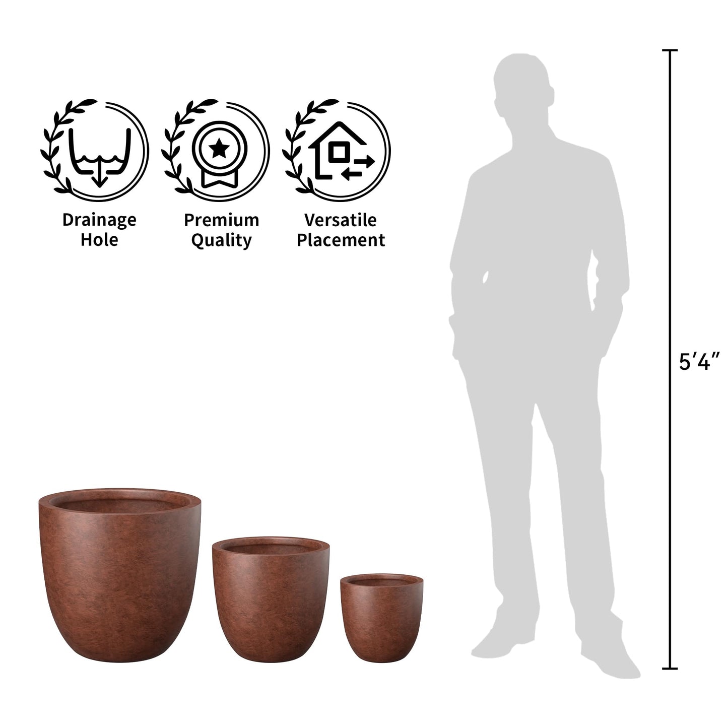 Kante Round Concrete Planter Set of 3, Large Outdoor Indoor Plant Pots with Drainage Hole, 10/14/18-Inch Diameter Flower Pots for Patio, Garden and Home, Rusty