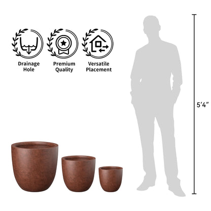Kante Round Concrete Planter Set of 3, Large Outdoor Indoor Plant Pots with Drainage Hole, 10/14/18-Inch Diameter Flower Pots for Patio, Garden and Home, Rusty