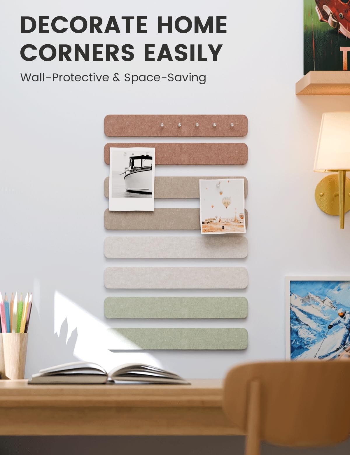 Fluxynara Cork Board Alternative Felt Strip Board 8-Pack 13"x2", Office Pin Board with 50 Push Pins, Adhesive Install for Bedroom Door & Home Office (Boho)