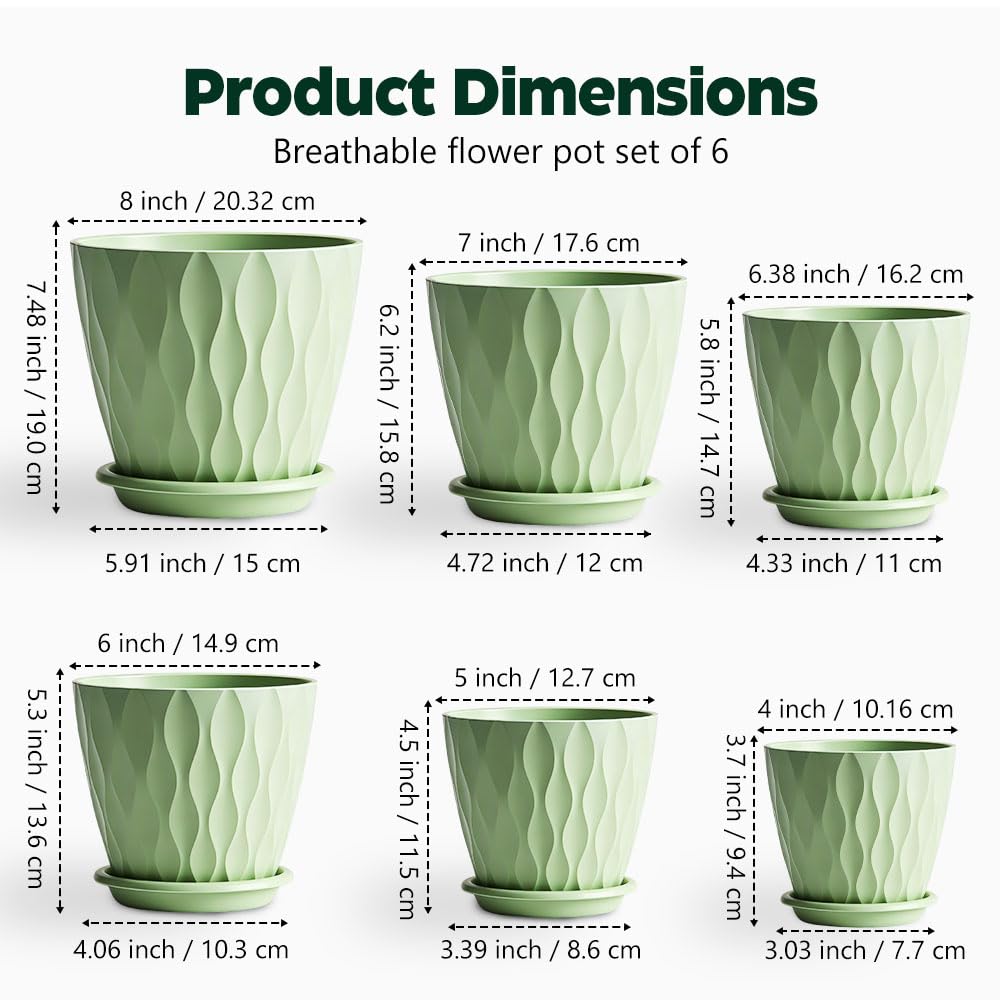 KEETUMOOD Plant Pots, Self Watering Planters with Drainage Holes and Trays, Flower Pots for Indoor Outdoor - 6 Pack(4/5/6/6.5/7/8 Inch) (Light Green)