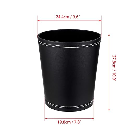 Sumnacon Round Leather Waste Basket,Small Classic PU Trash Garbage Can Under Desk Cabinet, Contemporary Wastebasket Bin for Home Office Laundry Room Living Room Bathroom Office,Black