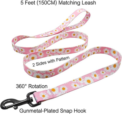 Dog Collar Leash Set, Floral Pattern, Polyester Material, Adjustable Collar and 5ft Matchcing Leash, for Medium Dogs.(M, Light Pink Daisy)