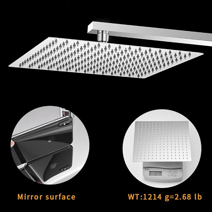 BESy 12 Inch Rain Shower Head, 12" Square Rainfall & High Pressure Stainless Steel Bath Shower Head, 1/16" Ultra Thin, Waterfall Full Body Coverage with Silicone Nozzle, Polished Chrome