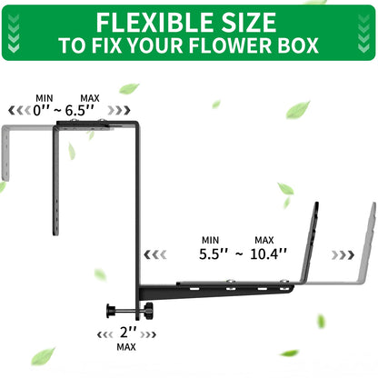 Window Box Brackets, Adjustable Planter Box Brackets, Heavy Duty Iron Flower Box Bracket for Deck Railing with Upgraded Bottom Support - Ideal for Balconies, Fences, and Gardens (4 Pack)