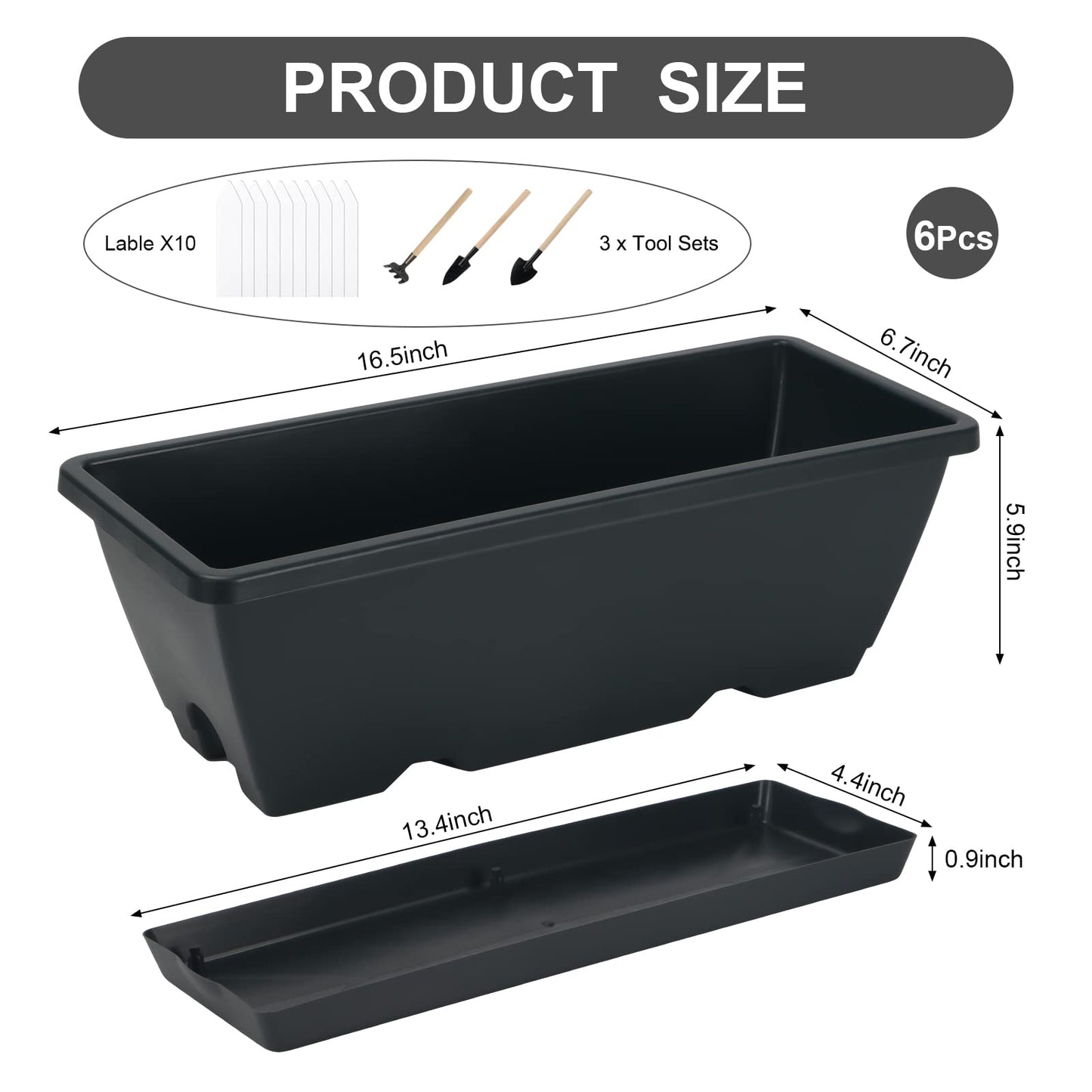HOXHA Window Box Planter, 6 Pack 17inch Plastic Vegetable Flower Planter Boxes with Tray, Indoor Outdoor Flower Pots for Windowsill, Patio, Porch, Garden Balcony, Dark Gray