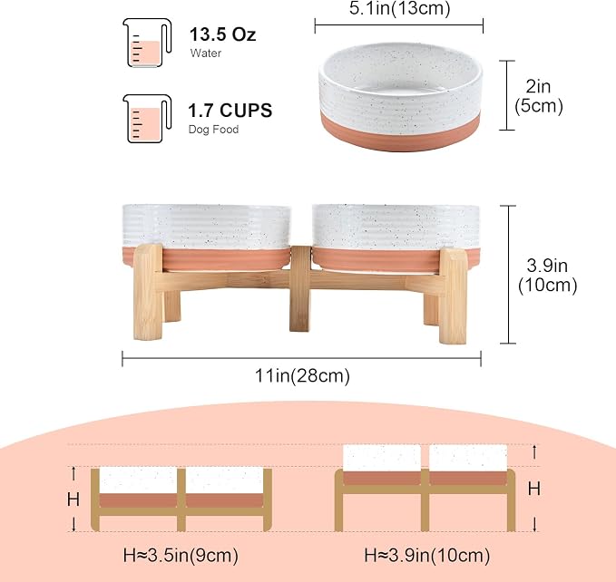 SPUNKYJUNKY Elevated Dog Bowls Ceramic, 5.1'' Dogs and Cat Food Water Bowls Raised with Non-Slip Bamboo Stand for Puppy Small Sized Breed Microwave Dishwasher Safe - 13.5 OZ,Pattern White