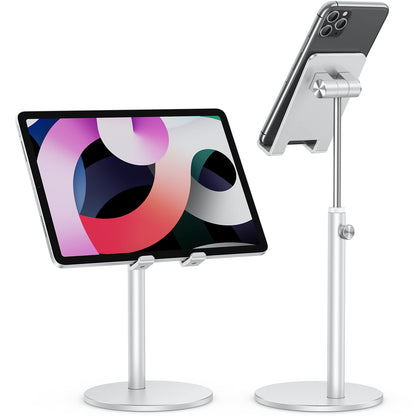 OMOTON Cell Phone Stand, Angle Height Adjustable Phone Holder, Aluminum Desktop Phone Dock for Desk, Compatible with iPhone 17 Pro Max, All Smartphones and Tablets(4-11''), Silver