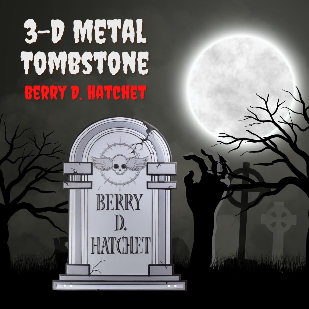 3-D Metal Halloween Ghost XL 17" Tombstone w Stakes -BERRY D HATCHET- Durable, Rustproof, UV Raised Printing- Upgrade Your Haunted House Mansion w Cemetary Lawn Decor- No More Flimsy Foam Graveyards