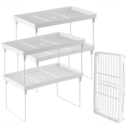 NiHome 4-Pack Stackable Plastic Kitchen Storage Shelf Foldable Rack - White Kitchen Cabinet Organizer and Storage Shelves Stackable Expandable Storage Racks for Counter Cabinet Pantry