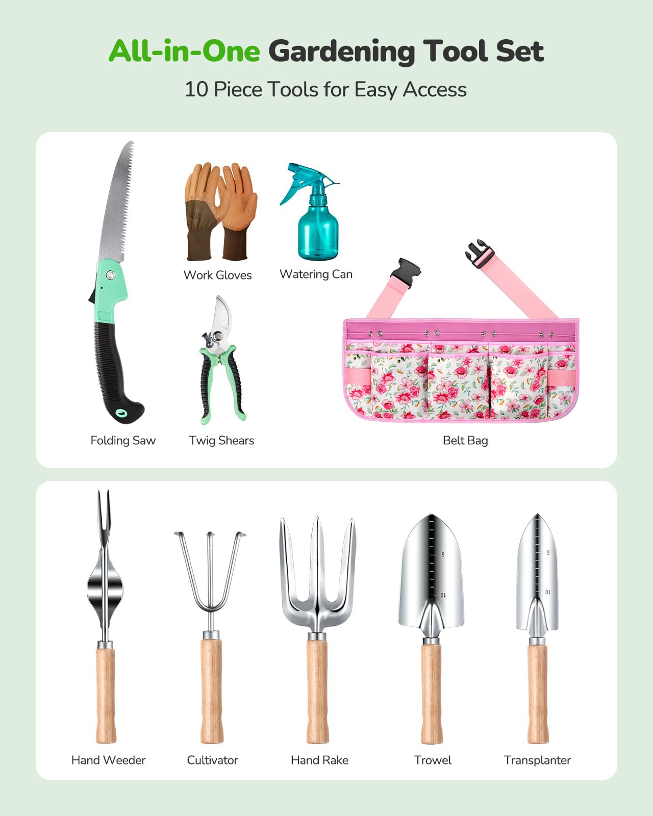 Grenebo All-in-One Garden Tool Set with Tools Organizer Belt Adjustable, 10-Piece Gardening Hand Tools, Long Lasting Rust-Proof Premium Garden Tool Kit, Gardening Gift for Women Men (Pink)