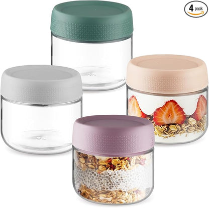 Wresty Empty Clear Glass jars with Airtight Lids Overnight Oats Containers Glass Food Storage Containers Glass Mason Jars For Yogurt Snacks Spice Sugar Jam And More (4 Pcs Mixcolor, 300ml/10oz)