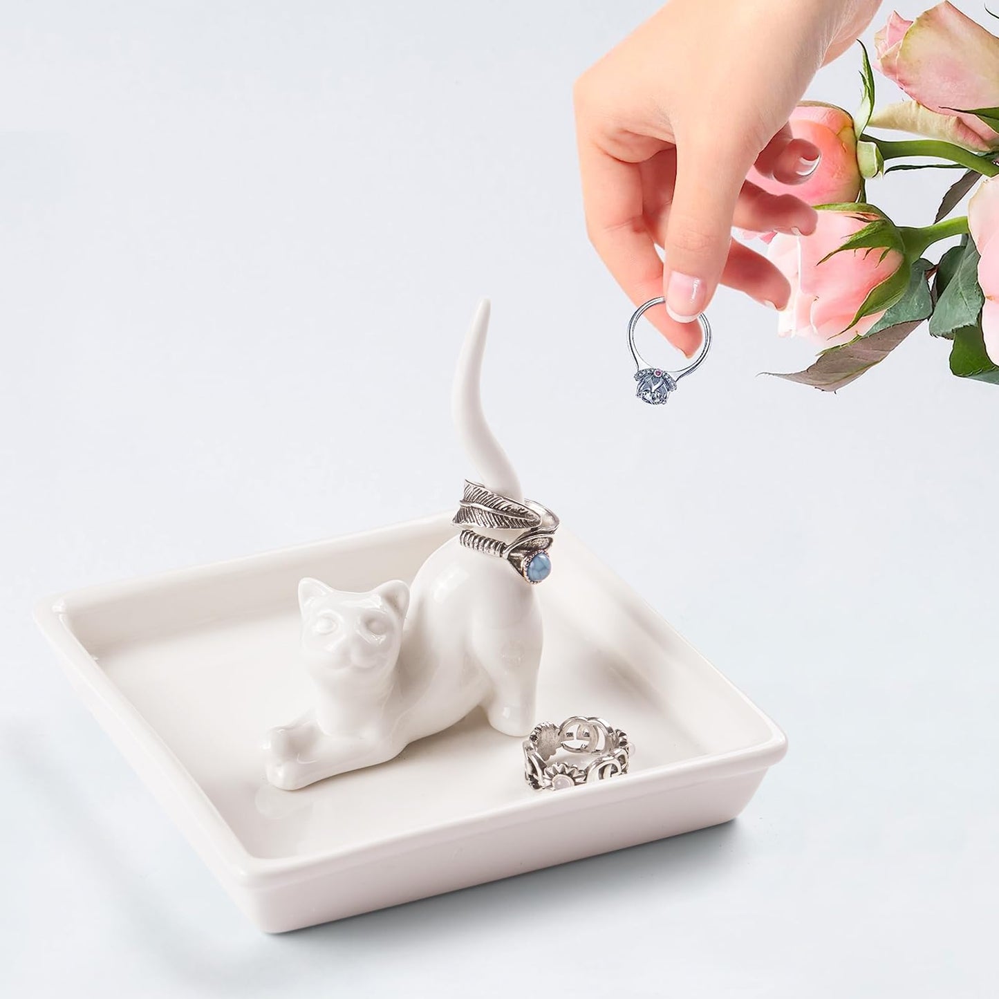 PUDDING CABIN Cat Mom Gifts for Women, Cat Ring Holder for Jewelry, Jewelry Tray Dish Rings Bracelets Earrings Trinket Tray, Gifts for Cats Lovers Mother's Day Birthday Christmas Wedding