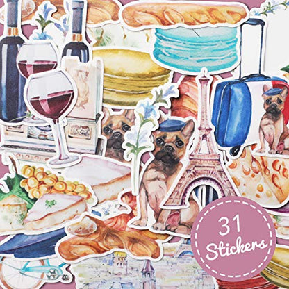 Navy Peony Romantic France Travel Stickers (31 Pack) - Cute, Waterproof, Small | Aesthetic Adventure Decals for Water Bottles, Laptops, Scrapbook