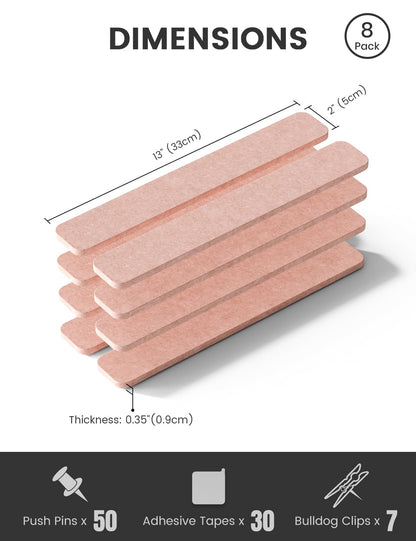 Fluxynara Cork Board Alternative Felt Strip Board 8-Pack 13"x2", Office Pin Board with 50 Push Pins, Adhesive Install for Bedroom Door & Home Office (Pink)