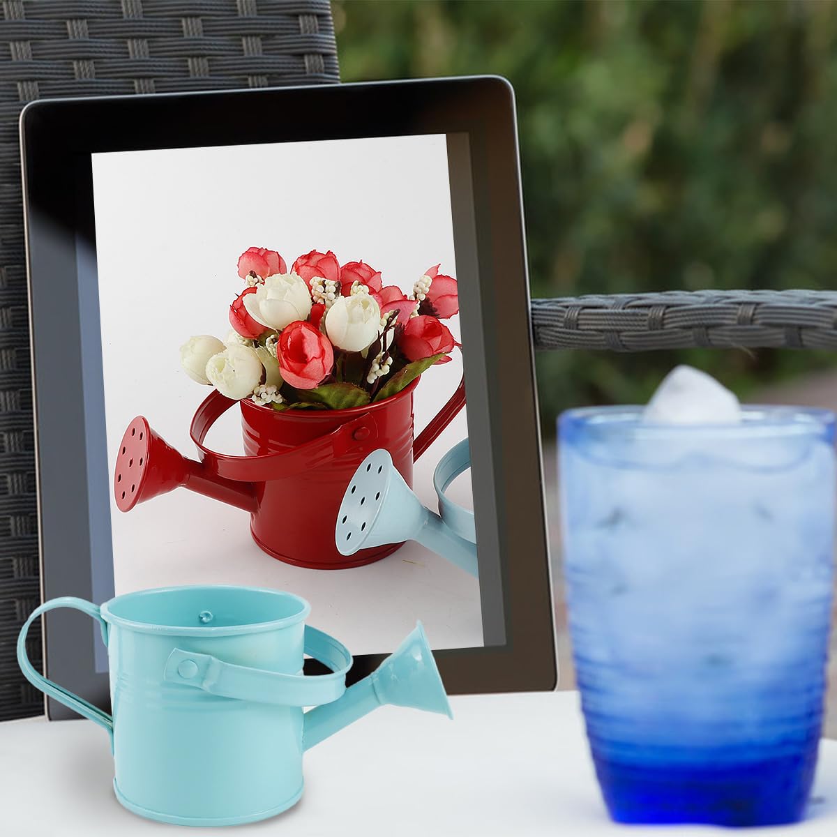 2Pcs Mini Watering Can Sprinkler Bucket for Kids Metal Gardening Water Pot for Outdoor and Indoor House Plants, Blue/Red/Cute Watering Can