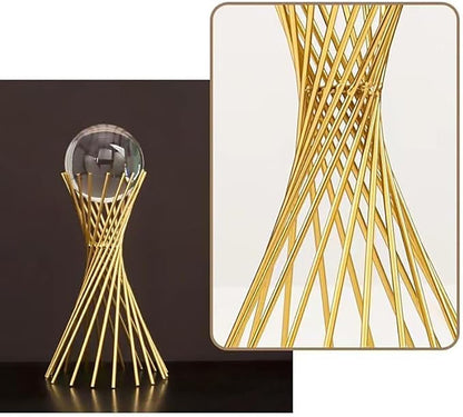 WQKING 3D Modern Abstract Art Crystal Ball with Gold Iron Stand Decorative Ornaments for Living Room Bedroom TV Cabinet Crafts Gifts Office Home Deco (5.5" D x 3.1" W x 7" H)