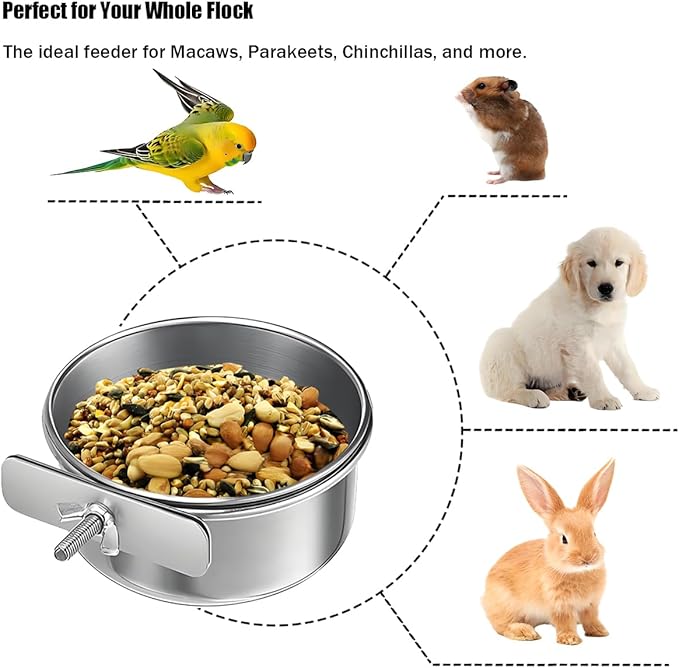Parrot Feeding Cups Stainless Steel Bird Cage Feeder & Water Bowl - Chew-Proof Food Bowls with Clamp Holder for Parrot, Cockatiel, Conure, Budgie, Macaw, and Small Animals (L-1Pc)