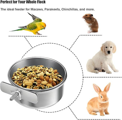 Parrot Feeding Cups Stainless Steel Bird Cage Feeder & Water Bowl - Chew-Proof Food Bowls with Clamp Holder for Parrot, Cockatiel, Conure, Budgie, Macaw, and Small Animals (L-1Pc)
