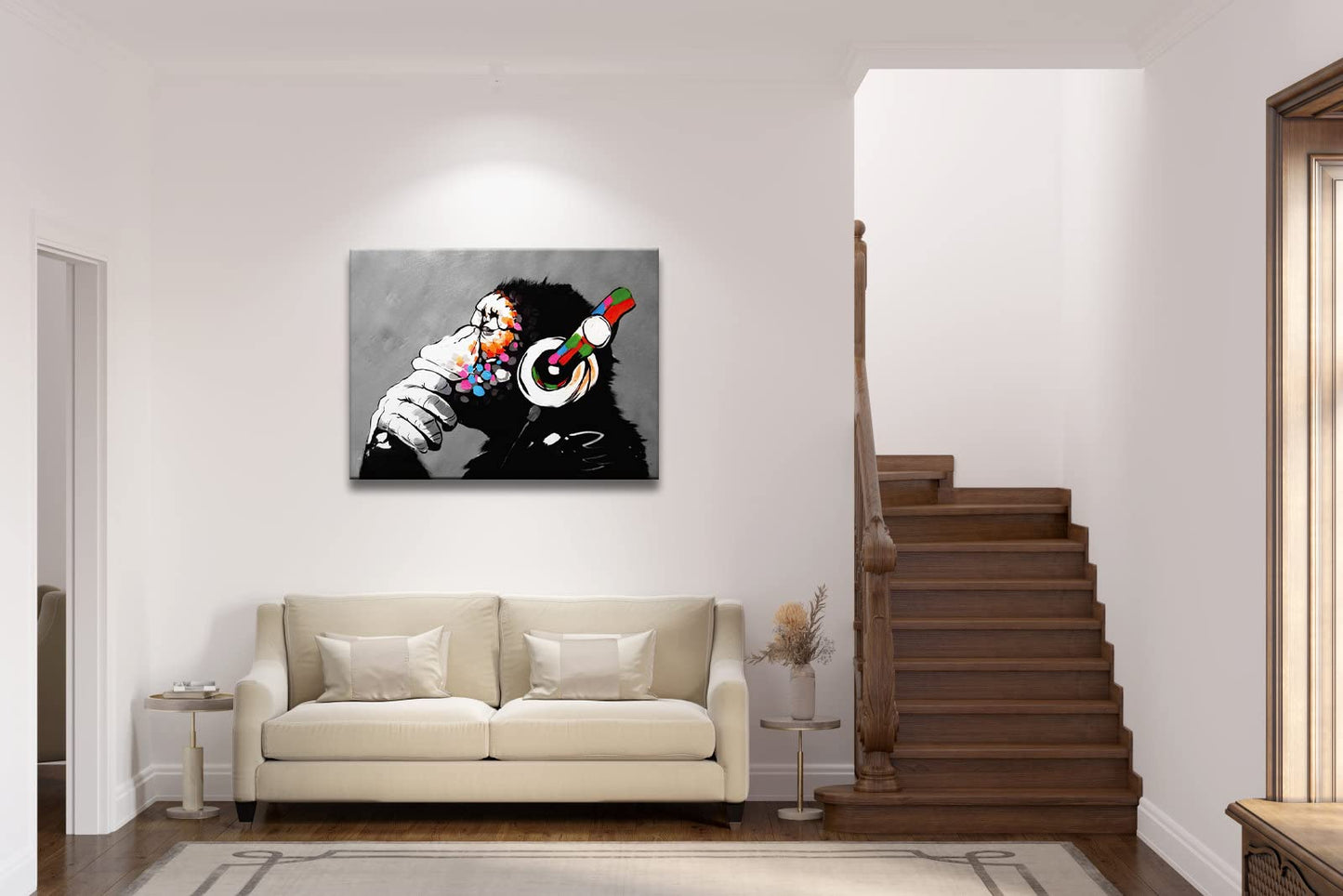 Wieco Art Black Framed Monkey With Headphones Banksy Graffiti Art Abstract Canvas Paintings Prints Animal Canvas Wall Art for Wall Decor and Home decorations Office Decor