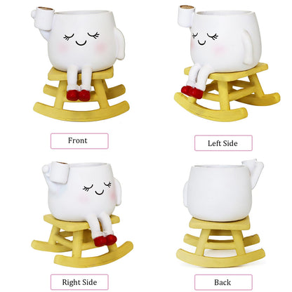 Dolkgy Cute Plant Pots Head Planters, Unique Rocking Chair Drinking Coffee Girl Face Vase, Decorative Cactus Succulent Flower Pots, Gifts for Plant Lovers