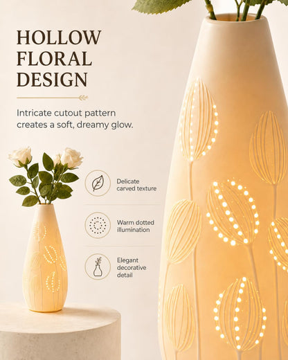TACAHE Ceramic Vase Table Lamp, 2700K Bulb & 3 Artificial Flowers Included, E12 Socket, Inline Switch, Handmade Openwork Craft, Ambient Light for Living Room Bedroom - Tulip 11"