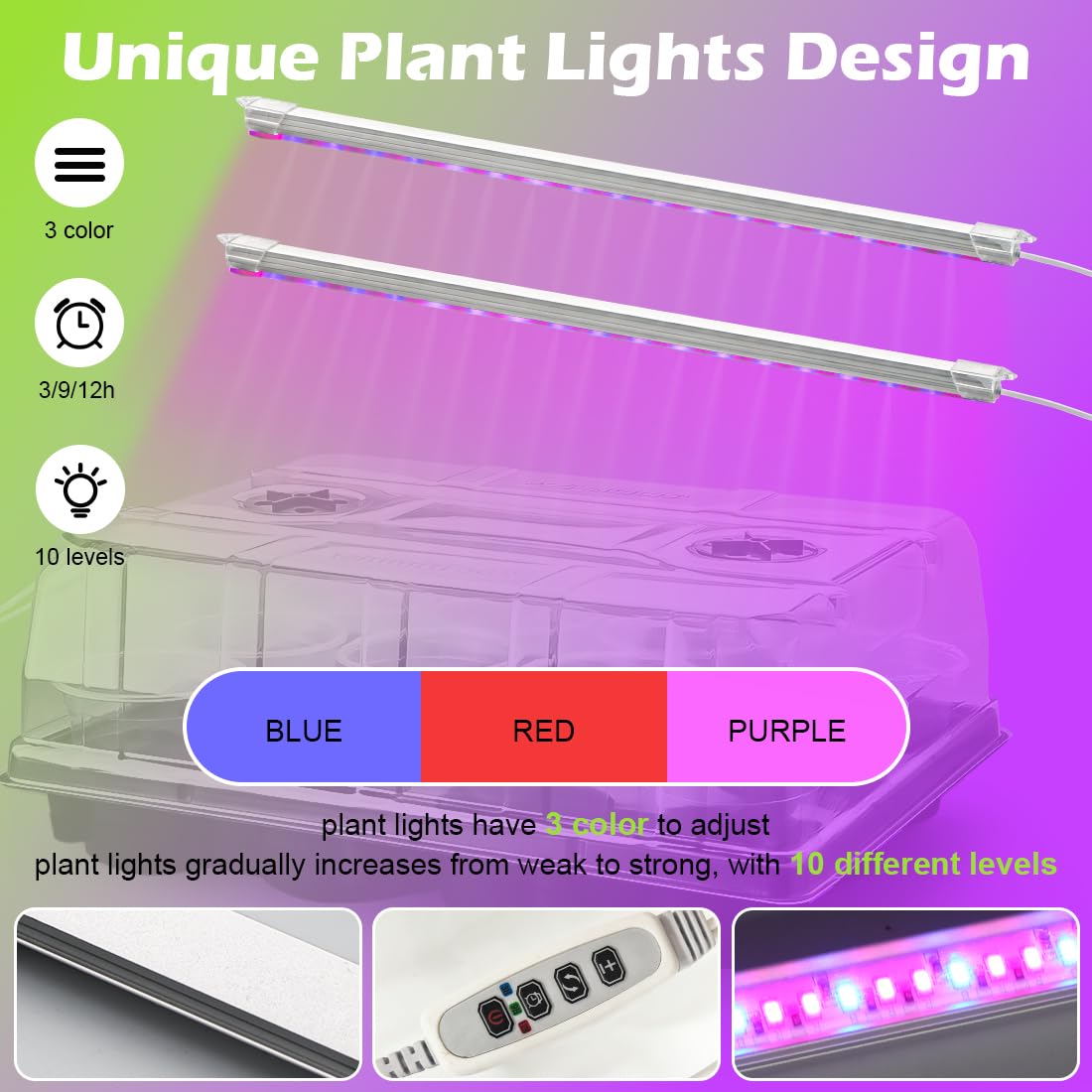 36 Pack 4 Inch Clear Plant Pots & 3 Pack 12 Cell Nursery Pot Trays with Humidity Dome and Growing Lights for Seed Starting, Germination, Seedling Propagation Plant Growing, Sturdy Gardening Kit 3 Sets