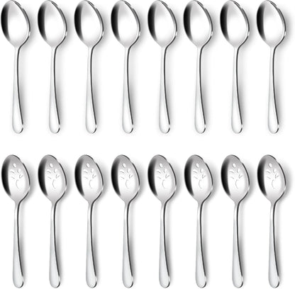 BEWOS 16-Piece Serving Spoons Set - Set of 8 Serving Spoons, Set of 8 Slotted Spoons, 9.1-Inch Utensils Set for Parties, Stainless Steel, Dishwasher Safe, Large Spoon For Buffet