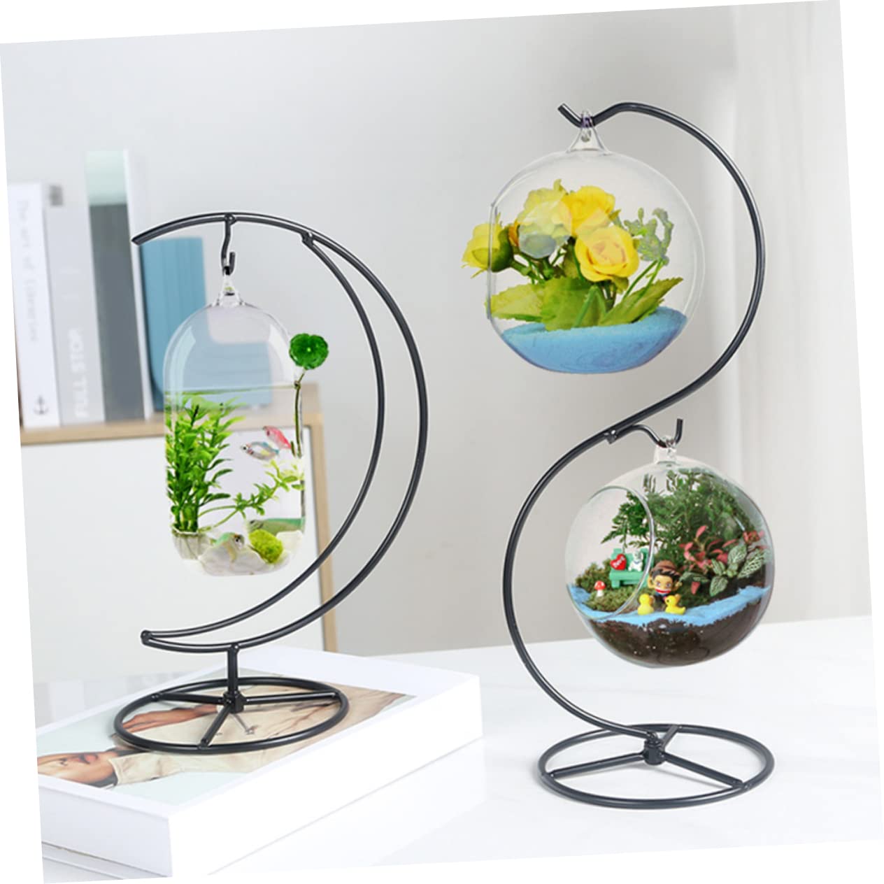 Garneck Moon Plant Stand Ornament Display Holder Iron Half Moon Pendulum Stand for Hanging Glass Ornaments and Air Plants Modern Decorative Rack for Home Office Balcony Garden Space Saving
