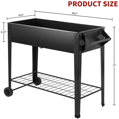 AURORAKI 32" Rolling Raised Garden Bed with Wheels, Heavy Duty Metal Elevated Planter Box, Outdoor Flower Cart Plant Stand, Raised Planter with Storage Shelf for Patio Balcony Backyard Growing