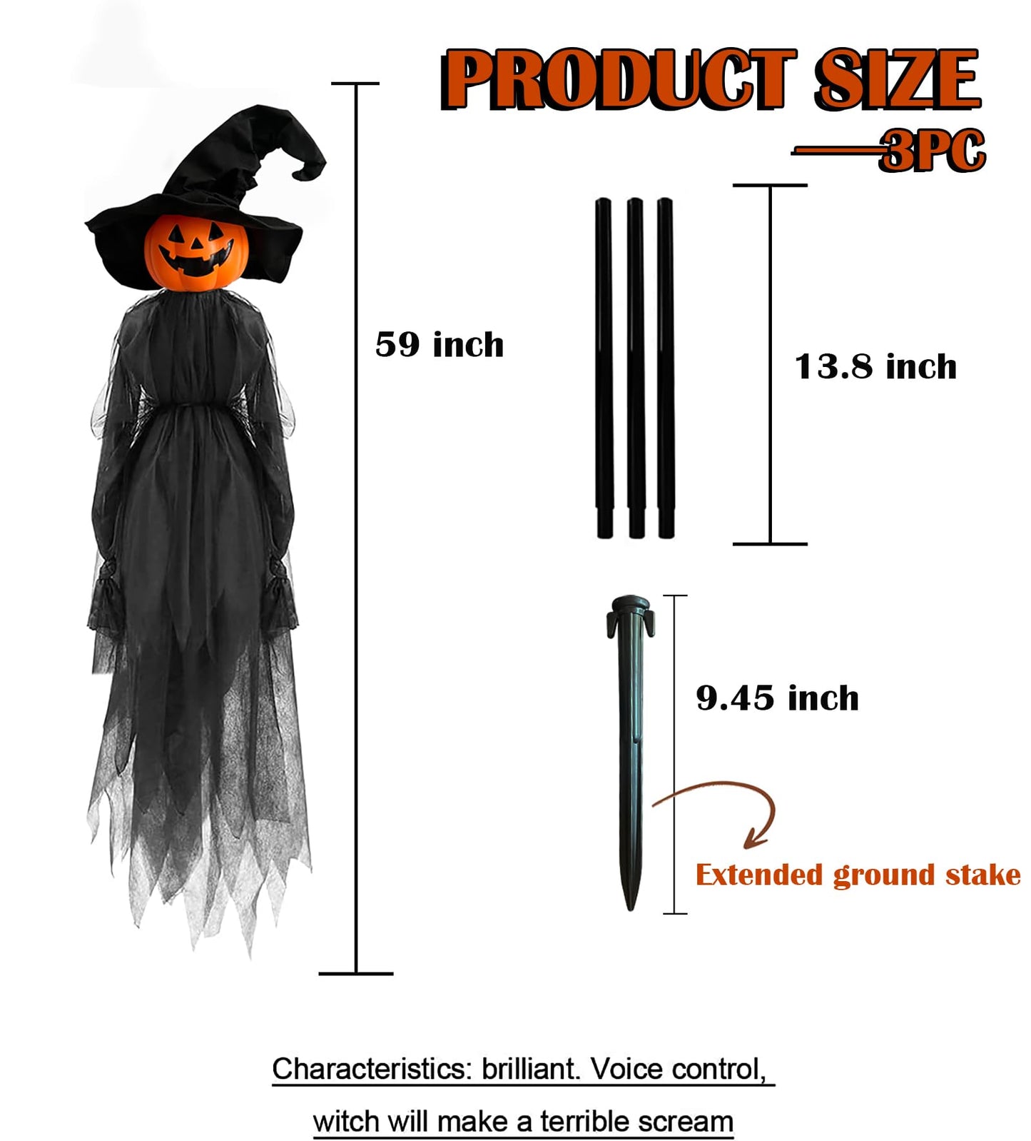 Halloween Decorations, Set of 3 Light Up Pumpkins Witches with Stakes，Voice Control Witch Glowing Head Waterproof for Outside Garden Statue Decoration Grass Lawn