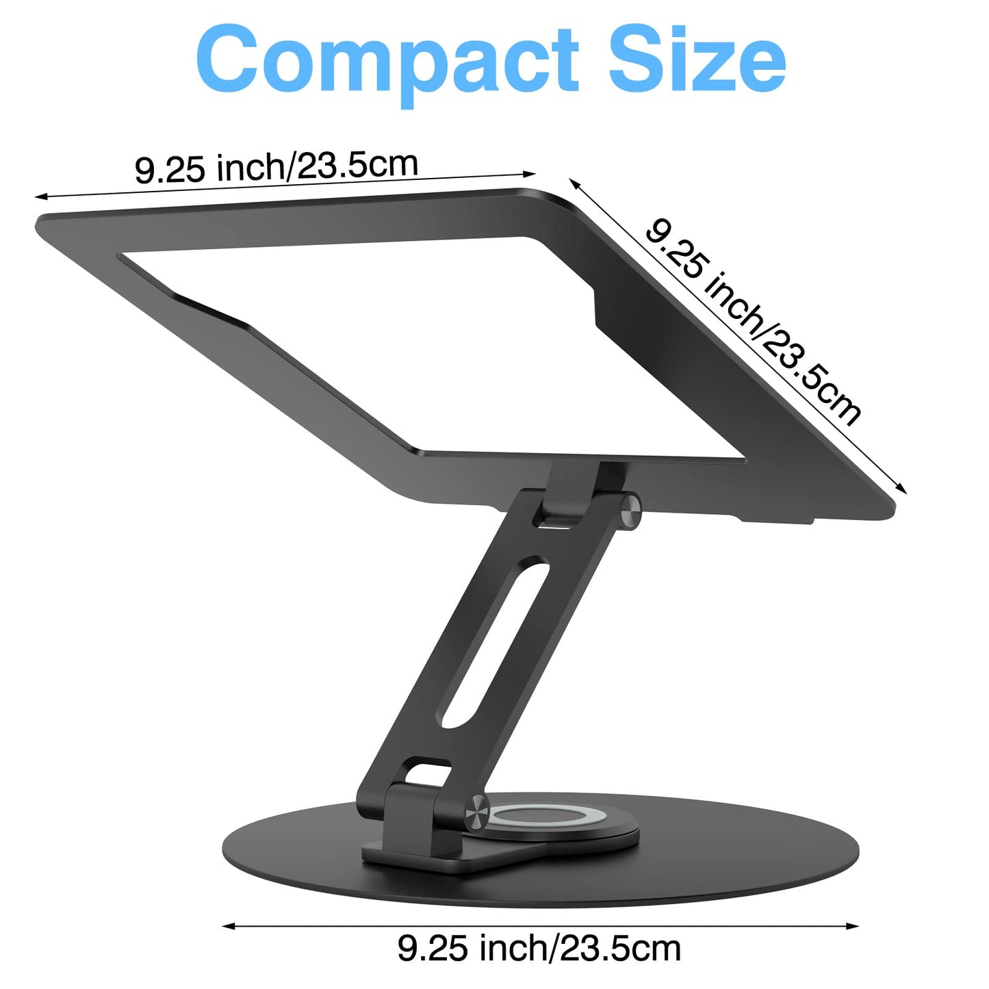 Swivel Laptop Stand for Desk, Adjustable Height Aluminum Computer Stand with 360 Rotating Base, Foldable Ergonomic Riser, Portable Laptop Holder Compatible with MacBook, All Laptops 10-17'', Black
