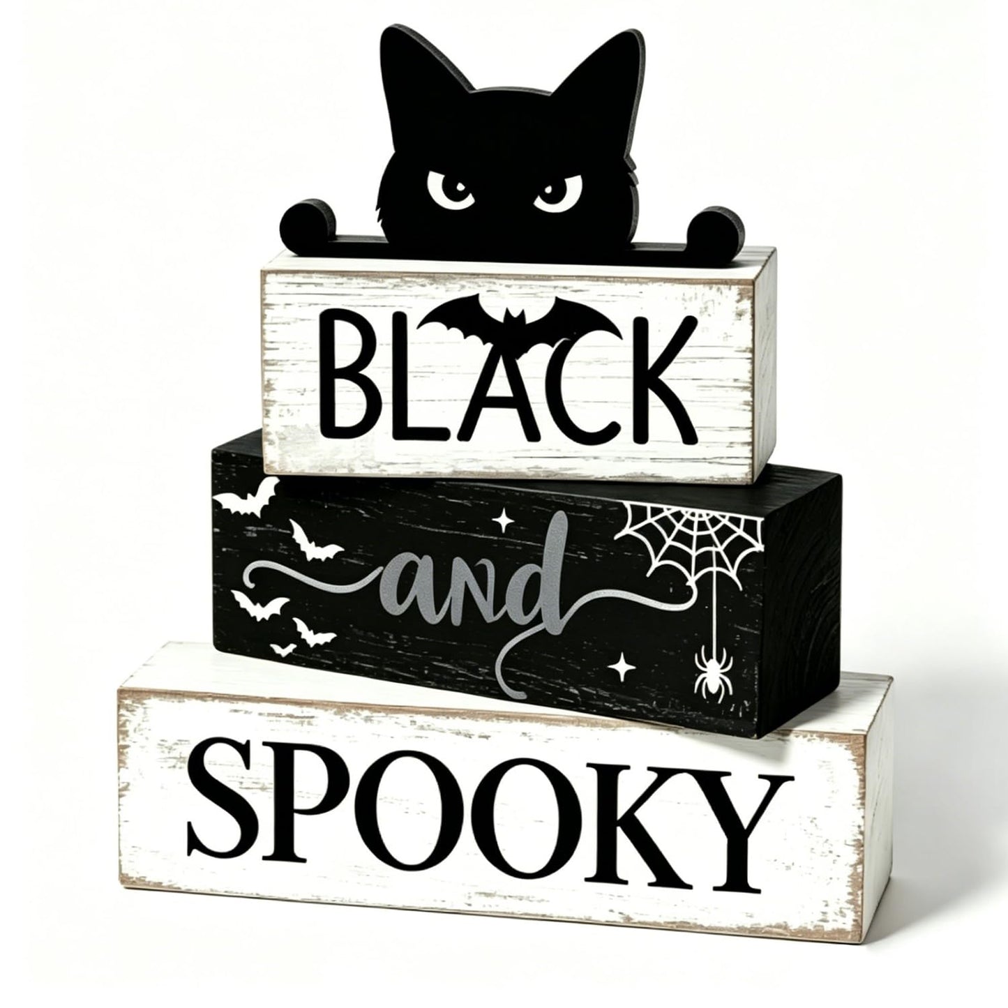 4 Pcs Halloween Table Decorations Black Cat Wooden Block Signs Black and Spooky Rustic Tiered Tray Decor Farmhouse Halloween Centerpiece with Bat & Spider Web for Home Kitchen Shelf Office Mantel Party Favors