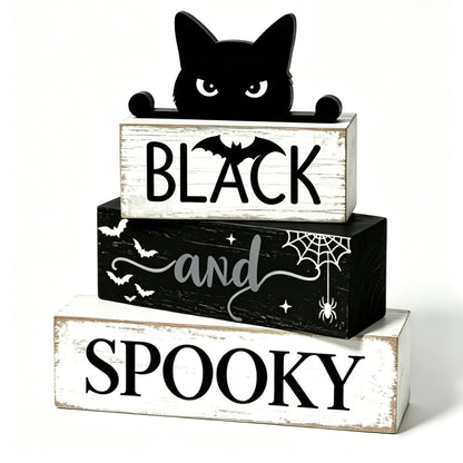 4 Pcs Halloween Table Decorations Black Cat Wooden Block Signs Black and Spooky Rustic Tiered Tray Decor Farmhouse Halloween Centerpiece with Bat & Spider Web for Home Kitchen Shelf Office Mantel Party Favors