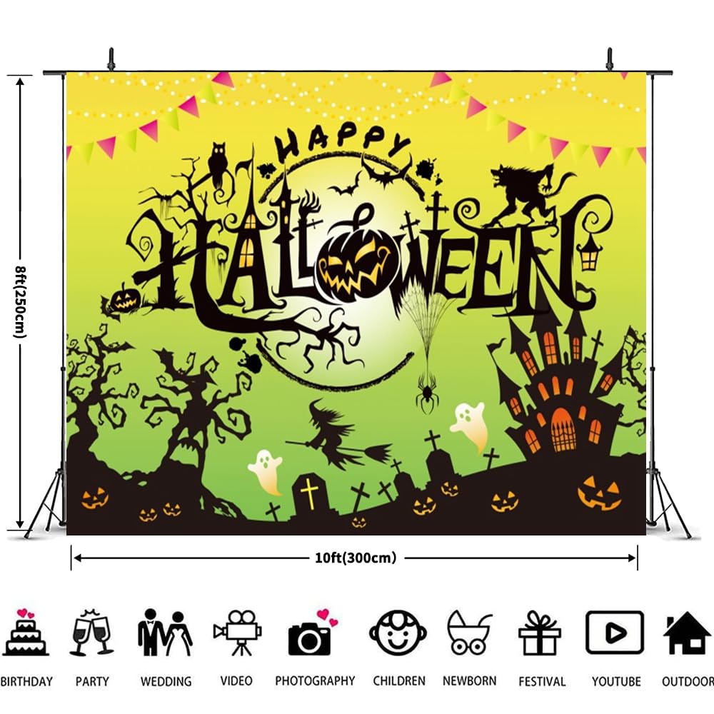 Happy Halloween Backdrop 10x8ft Green Halloween Party Backdrop Haunted Castle Ghost Scary Graveyard Pumpkin Lantern Witch Photo Background Spooky Party Decoration Banner