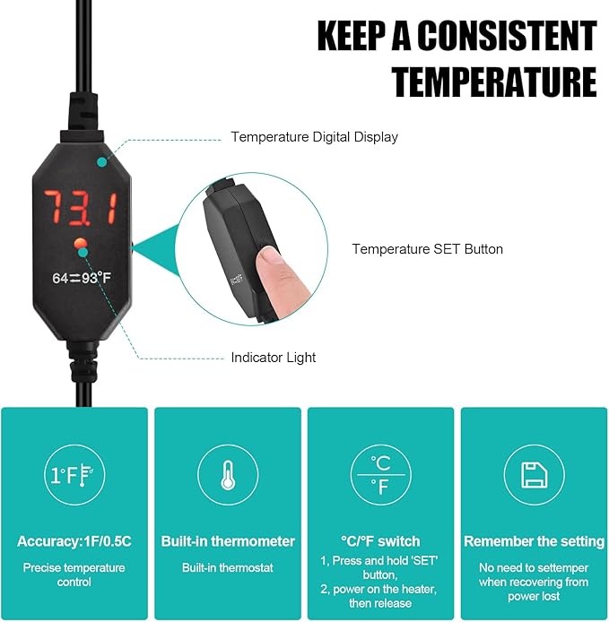 YOFOTHS Mini Aquarium Heater Alumina Ceramic, 50W Digital Display Thermostat, Compact Thumb-Size Fish Tank Heater with Temperature Control for 5-10 Gallon Betta Tanks (50W)