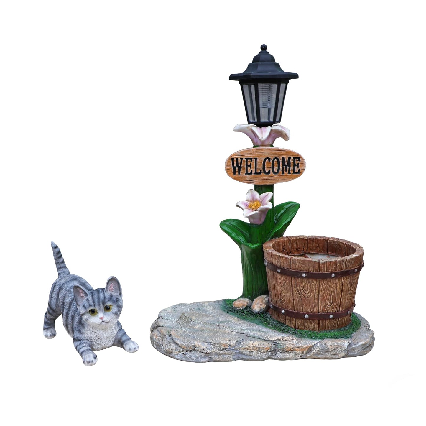 UNOIRNM Gray Tabby Cat Garden Statue - with Solar Lantern and Wooden Pail Planter, 20" Tall Outdoor Resin Welcome Cat Figurine for Patio Decor, 9.2 lbs Large Animal Sculpture, 15.4" Length
