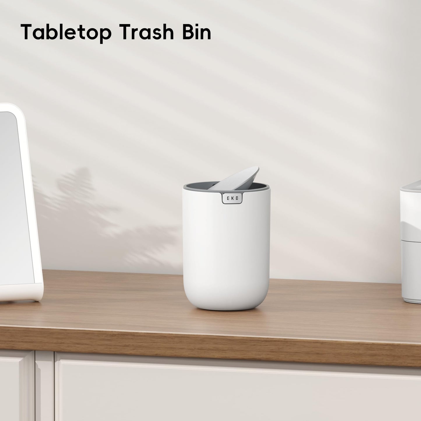 EKO Mini Desk Trash Can with Swing-Top Lid 0.4 Gallon Small Table Round Wastebasket for Office, Home, Car (White)