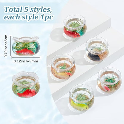 SUNNYCLUE 5Pcs 5 Styles Miniature Fish Tank Dollhouse Fish Bowl Plastic Simulated Round Goldfishes Grass Bowls Tanks Mini Display Decorations Accessories for Desktops Garden Scene Decors DIY Crafts