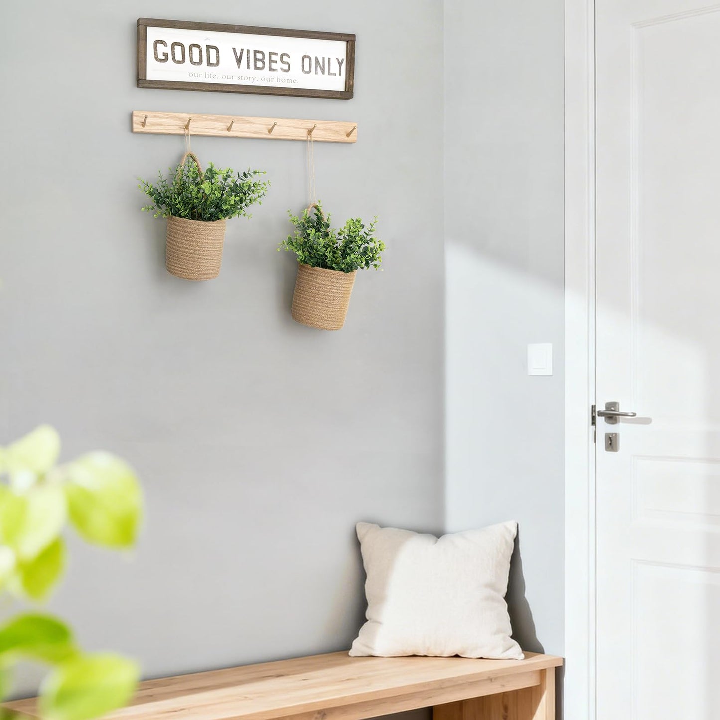 Dahey 2 Pack Wall Hanging Rope Basket (5.5"W×6.2"H) with Artificial Eucalyptus, Jute Woven Storage Organizer Flower Plants Basket Farmhouse Rustic Wall Decor for Porch Living Room Bedroom Entryway