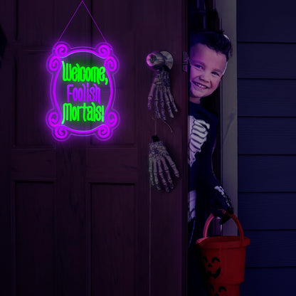 Welcome Foolish Mortals Neon Sign, Haunted Mansion Decor, Halloween Neon Signs for Wall Decor, Dimmable LED Spooky Gothic Coffin Neon Signs, Haunted Mansion Neon Sign for Halloween Party Man Cave