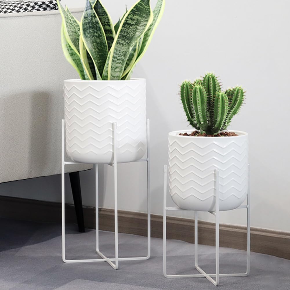 TRIROCKS Set of 2 Planters with Stand Indoor Otdoor Metal Plant Stand 18&12" Tall Modern Planters Flower Pots for Living Room Corner Kitchen Office Garden Balcony Patio Decor(White)