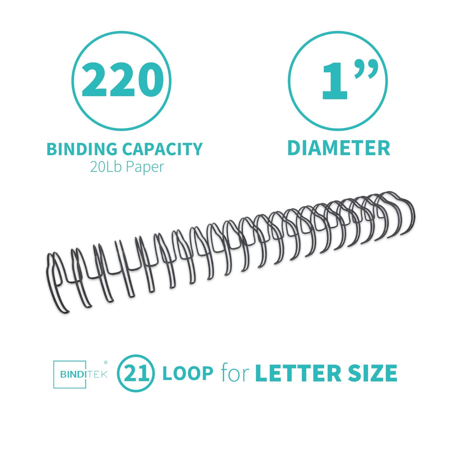 Binditek 50 Pack Double Loop Wire Binding Spines, 1Inch Binding Wire for Letter Size, 2:1 Pitch, 220 Sheet Capacity, 21-Loop, Black, for Students and Coworkers