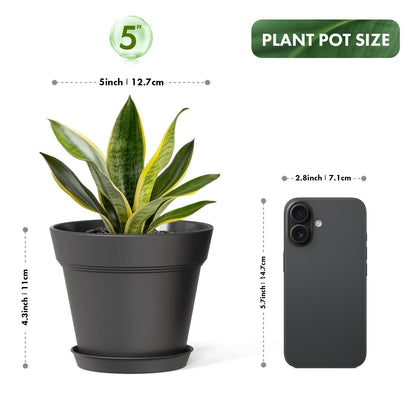 WSMKSZ 5 Inch Plastic Plant Pots with Drainage Holes and Trays – 6 Pack Small Nursery Pots for Indoor & Outdoor House Plants and Flowers, Seedling Starter Planters, Matte Black